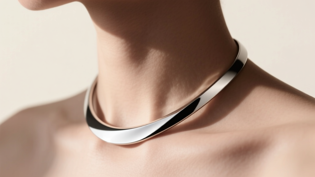 Side view of an ergonomic elliptical silver circular necklace resting flush against the clavicle and neck base in soft lighting.