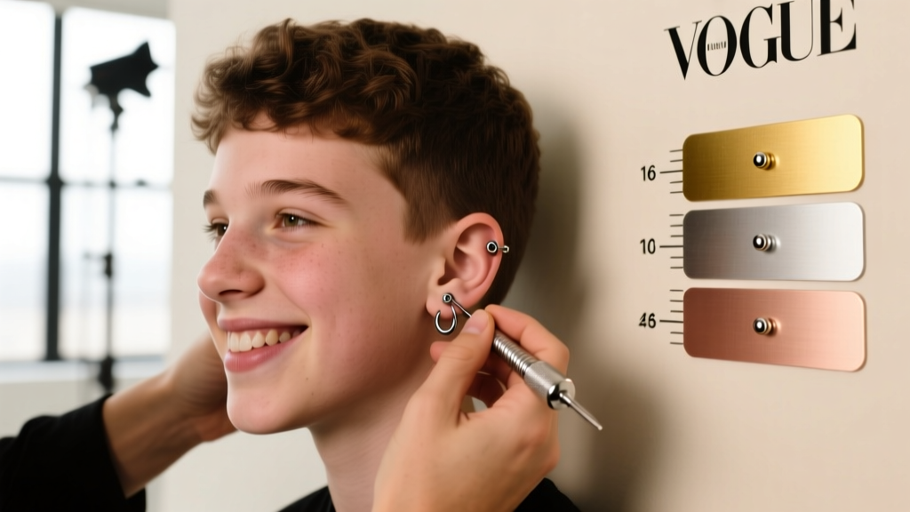 Teenager smiling as a piercer inserts a 16-gauge titanium cartilage hoop, with a sizing chart visible on the bright studio wall