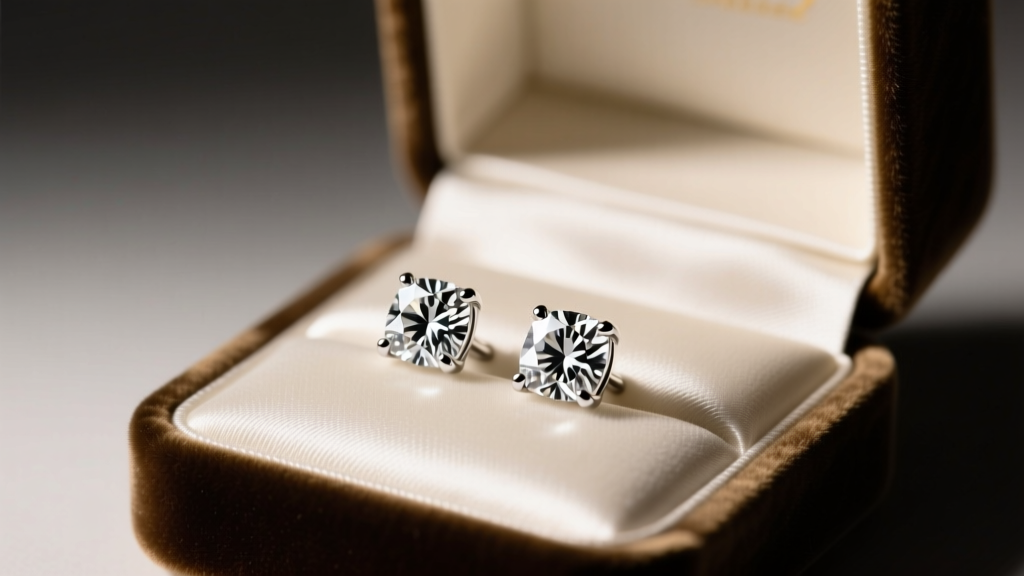 Velvet box revealing 1-carat princess cut diamond studs in platinum, resting on soft silk under a warm and focused spotlight.