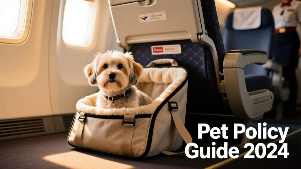 A calm small dog sitting in a soft-sided carrier under an airplane seat