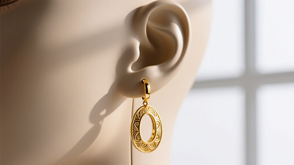 Front view of a heavy 22k gold oval drop earring on a mannequin ear, showing the downward tension and lobe stretching effect.