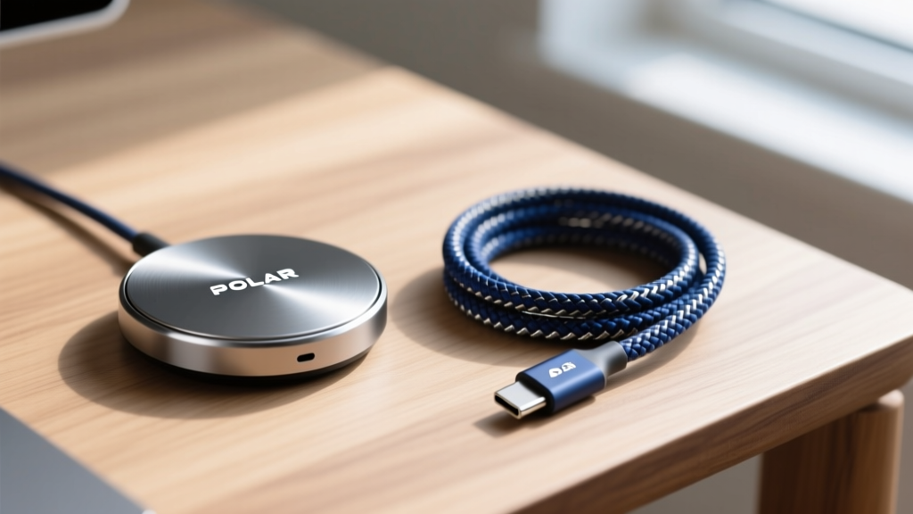 Side-by-side macro shot of the proprietary Polar Loop magnetic charging puck next to a modern braided USB-C charging cable on a wooden desk.