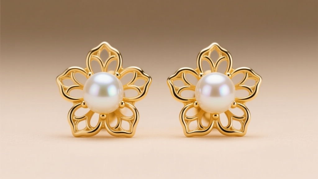 Close-up macro shot of 14k yellow gold flower earrings featuring round white Akoya pearls in the center, soft studio lighting