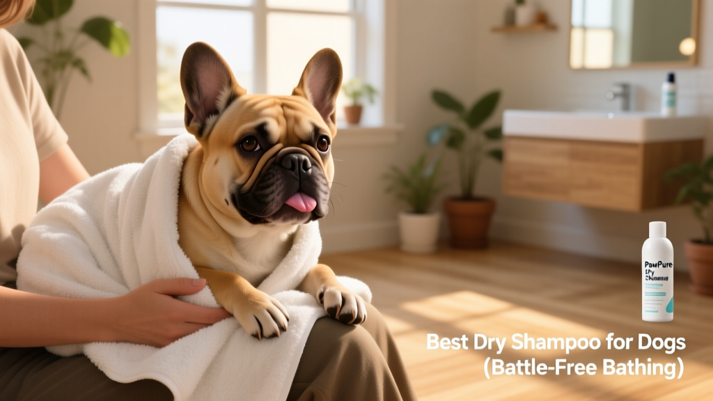 A relaxed French Bulldog sitting on their owner's lap, wrapped in a soft, fluffy towel after a gentle grooming session