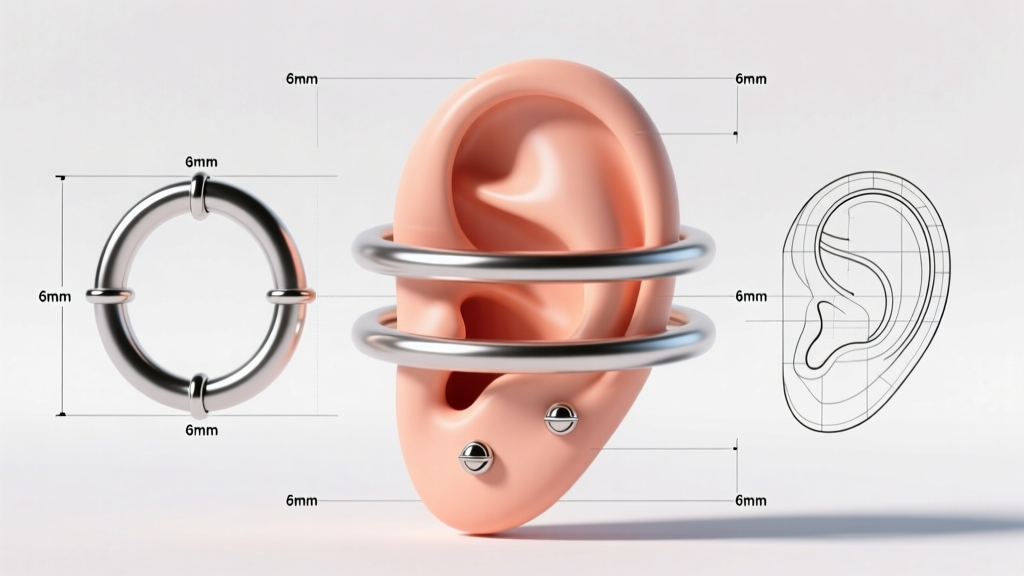 Technical blueprint illustration showing spatial geometry and exact 6mm spacing requirements for a three-hoop cartilage ear stack