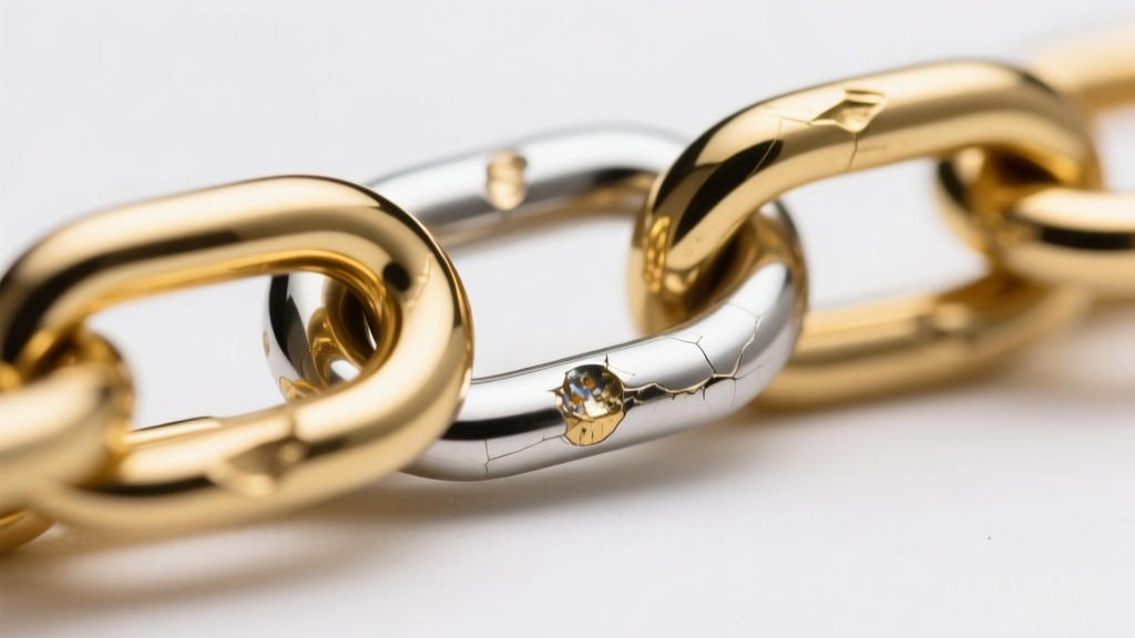 Macro photography showing the friction wear point between two interlocking gold vermeil chain links, revealing the silver base