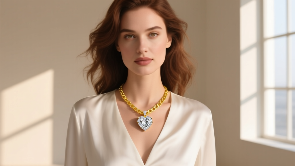 Woman wearing a layered 14k yellow gold diamond heart pendant on a delicate box chain, paired with a simple white silk blouse