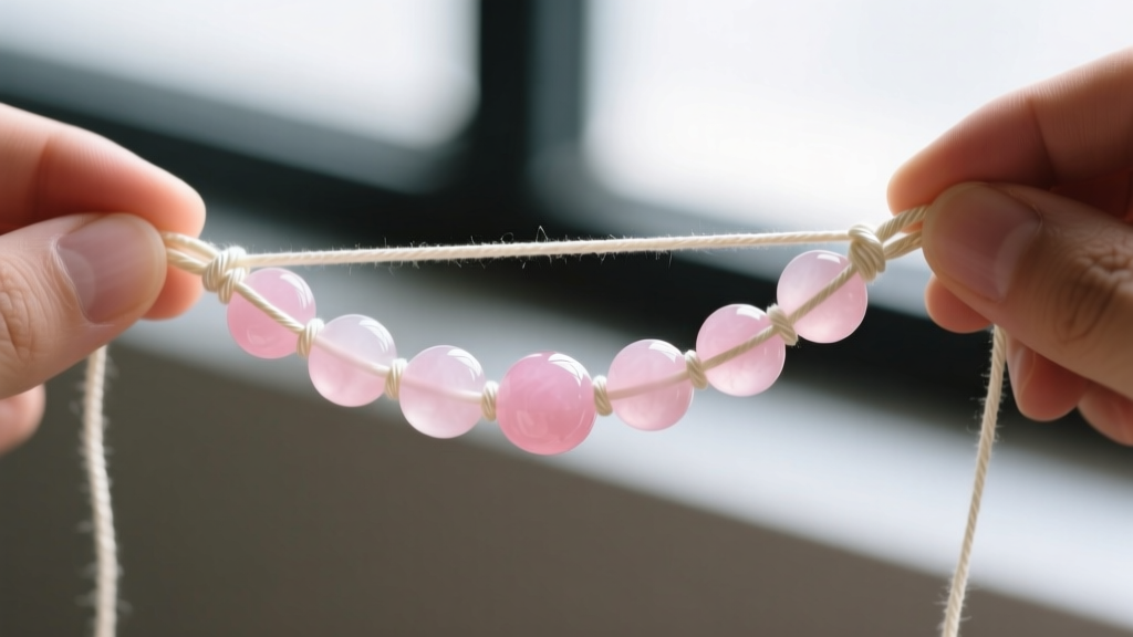 Detailed view of a pink jade bead necklace being strung on ivory silk thread with meticulous hand-tied knots between each bead