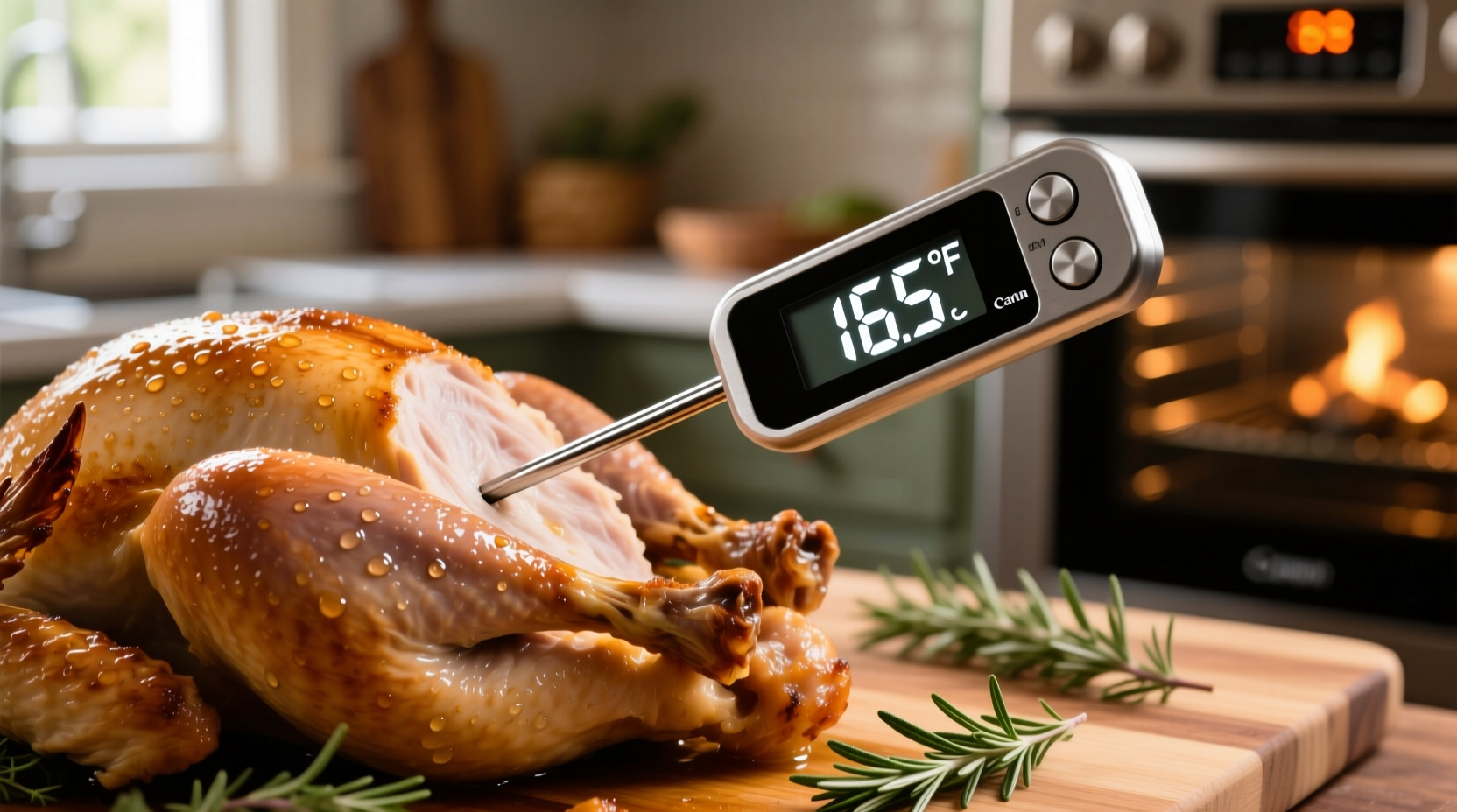 Turkey cooking thermometer showing 165 degrees Fahrenheit