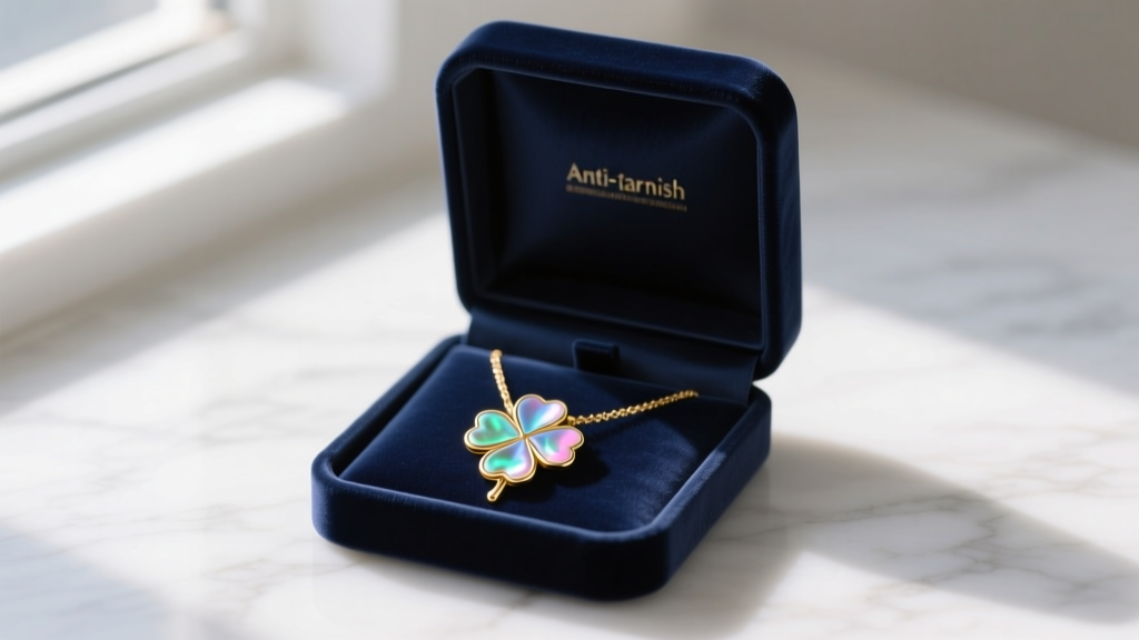 Open anti-tarnish velvet box holding a gold necklace with mother-of-pearl clover inlay, stored safely away from direct sunlight.