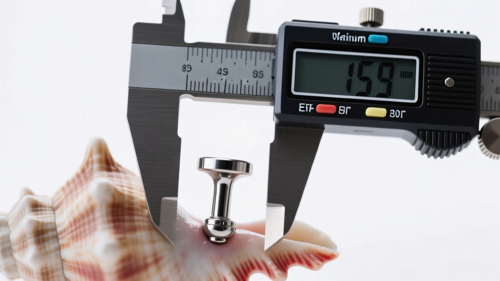 Digital calipers measuring a titanium flat-back post on a conch piercing to prevent tissue embedding during the early swelling phase