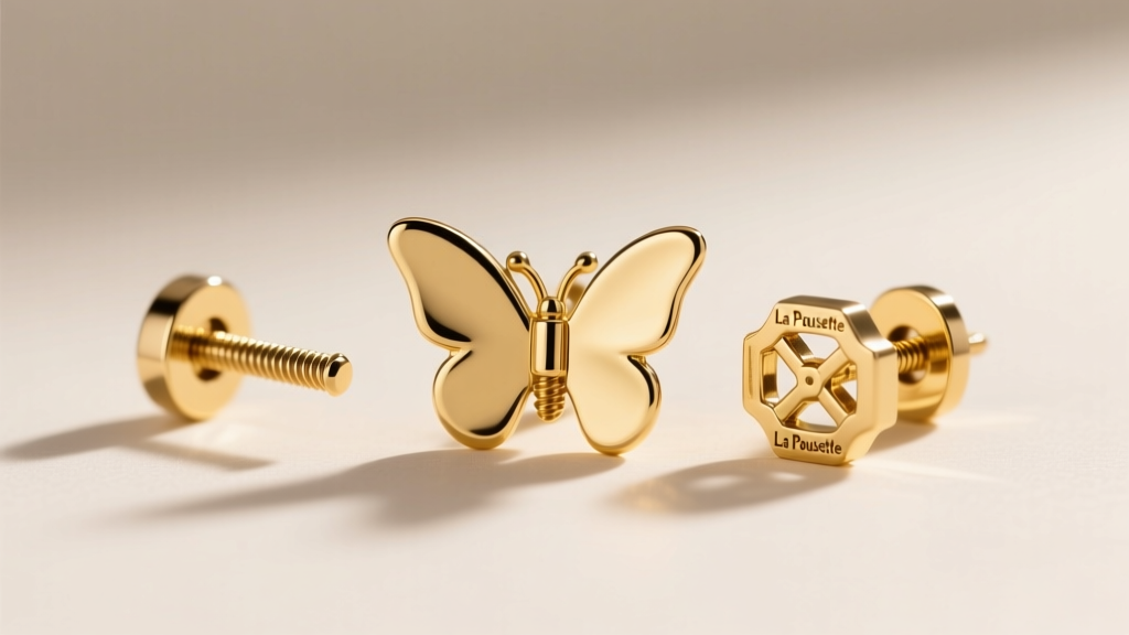 Macro photo of three gold earring backs: a friction butterfly clutch, a secure screw-back, and a La Pousette locking mechanism.