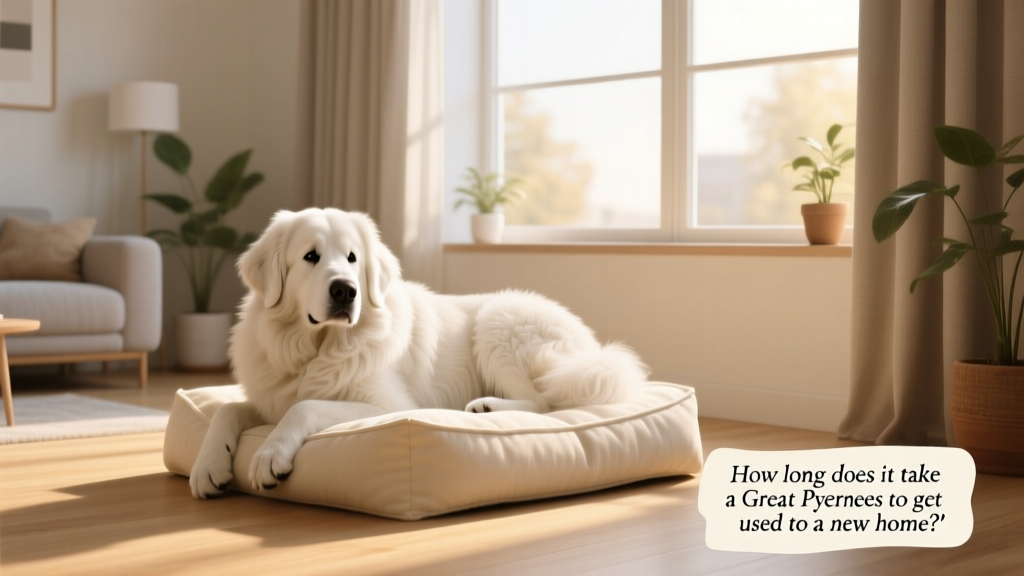 A calm Great Pyrenees resting peacefully on a soft dog bed in a quiet corner of a sunlit living room