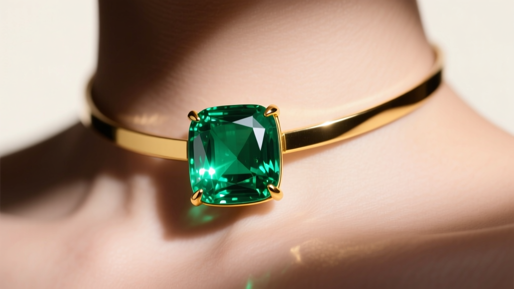 Macro shot of a vivid green Colombian emerald in a 14k gold bezel choker resting on a collarbone under soft studio lighting