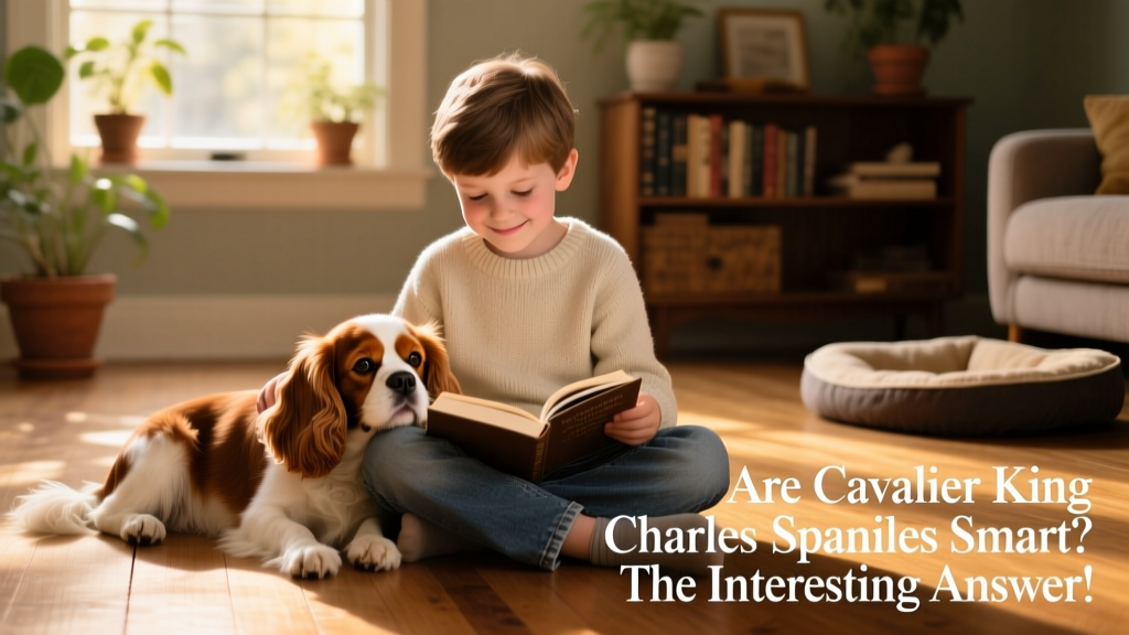 A Cavalier King Charles Spaniel resting its head on a child’s lap while the child reads aloud, both appearing calm and connected