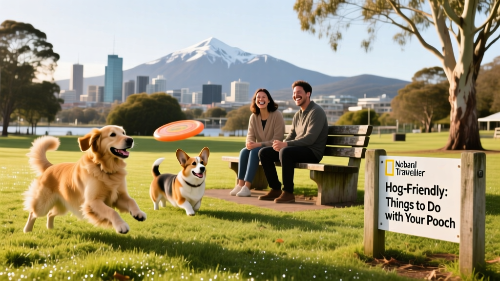 A lively, grassy dog park in Hobart with dogs playing and owners chatting on benches