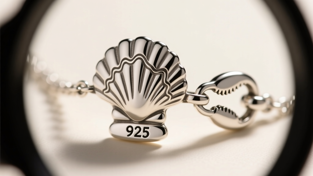 Loupe view of a sterling silver little mermaid shell necklace clasp, highlighting the stamped 925 hallmark and secure lobster claw.