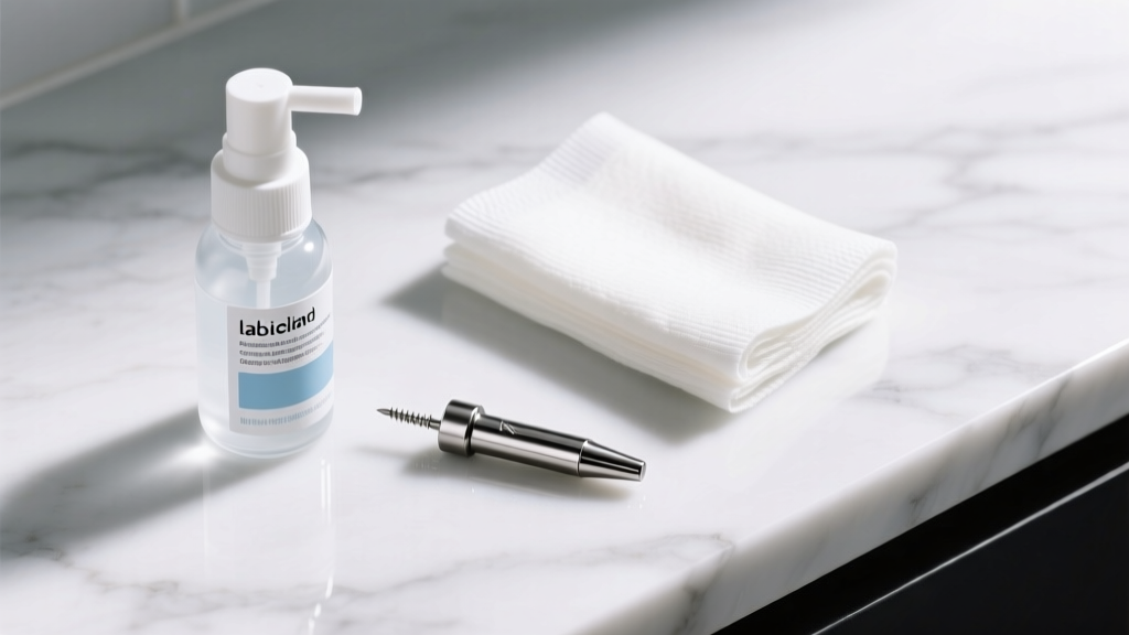 Top-down view of sterile saline spray and gauze next to a titanium flat-back labret on a clean marble counter for routine ear care.
