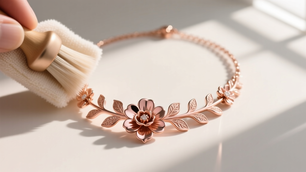 Soft cloth buffing a rose gold floral necklace, revealing the restored warm blush metal finish under bright natural window light.