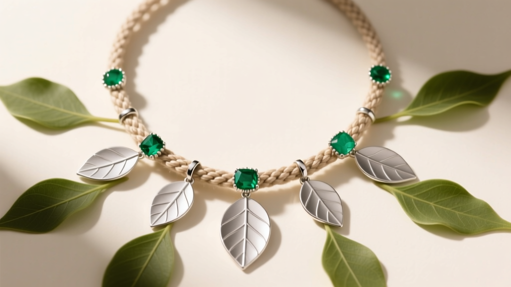 Overhead view of a botanical theme of the necklace featuring matte sterling silver leaf pendants and raw emerald accents on woven linen