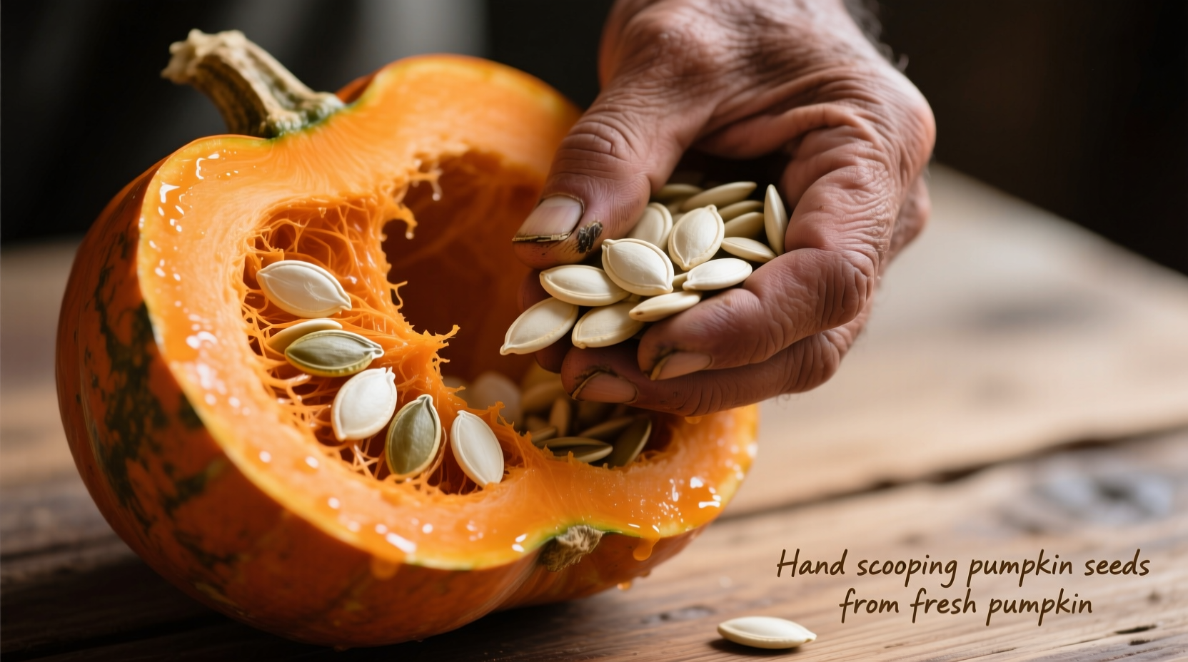Hand scooping pumpkin seeds from fresh pumpkin