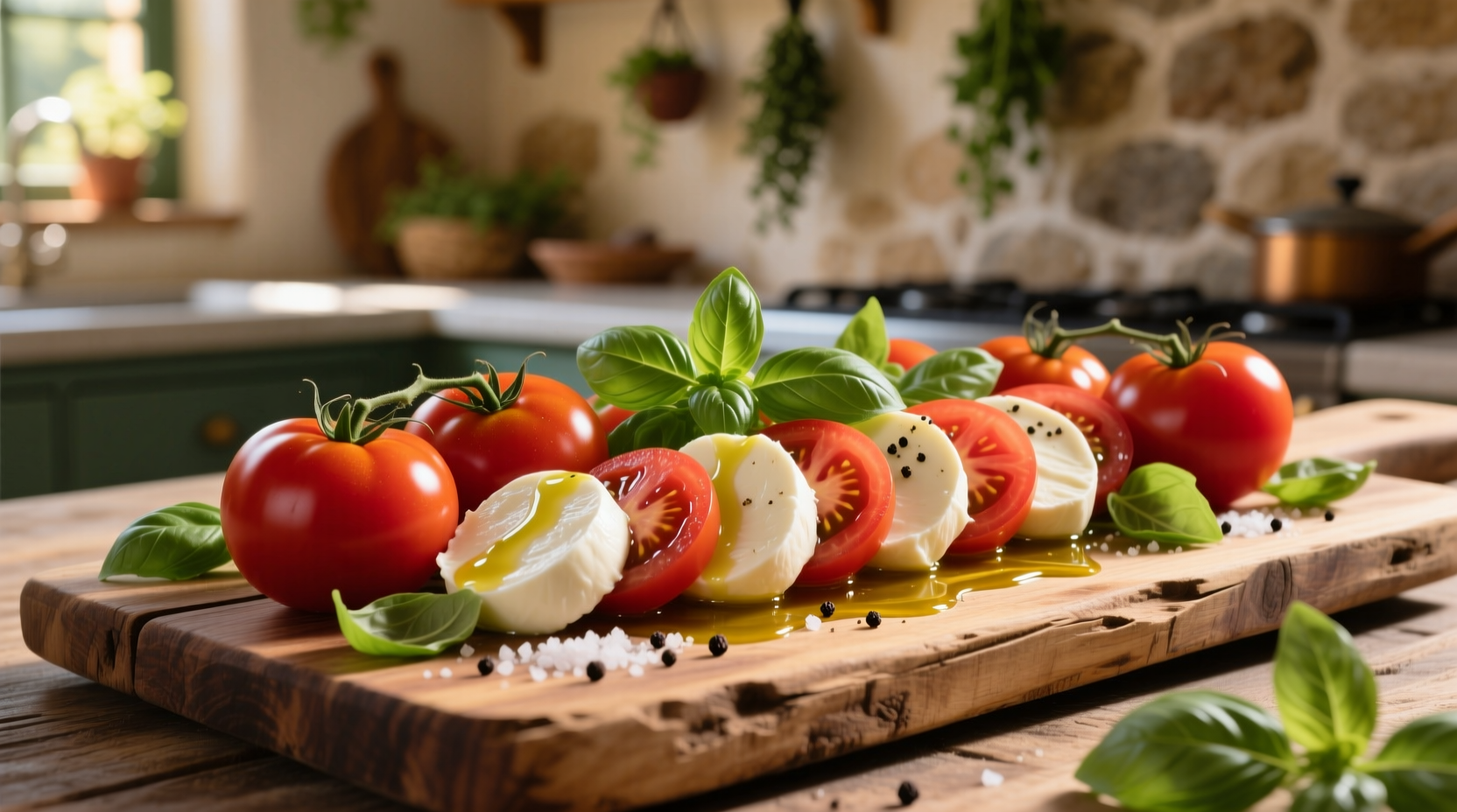 Fresh tomato mozzarella caprese salad on wooden board