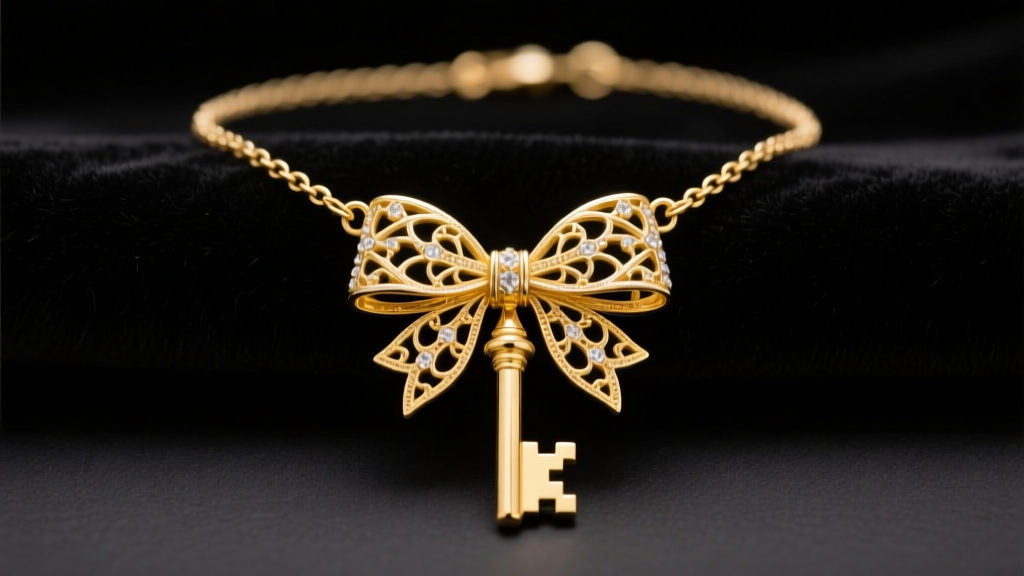Solid 14k yellow gold vintage skeleton key necklace on dark velvet, highlighting the intricate filigree details of the bow and bit