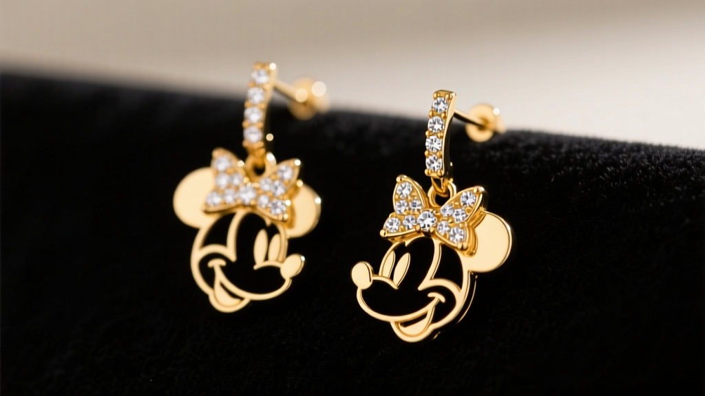 Close-up of elegant 14k yellow gold Minnie Mouse silhouette dangle earrings with pavé diamond bows, resting on black velvet.