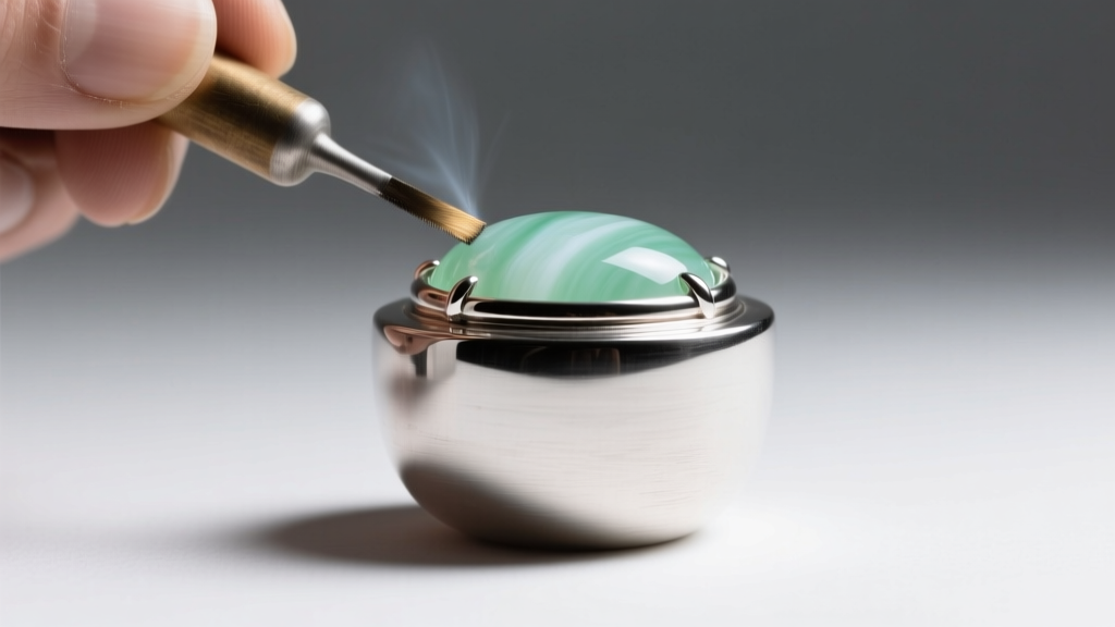 Jeweler burnishing a thick sterling silver bezel cup around a pale green Skye marble cabochon under bright task lighting