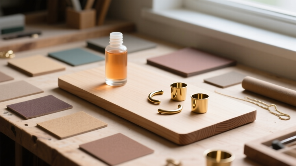 Workbench view showing sandpaper, sealed wooden jewelry board, water-based polyurethane, and brass cup hooks ready for assembly.