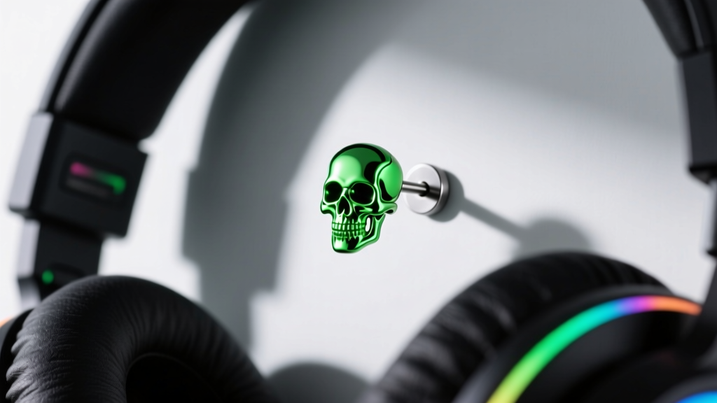 Titanium flat-back labret earring with a neon green cyber-skull charm, showing clearance beneath over-ear gaming headphones
