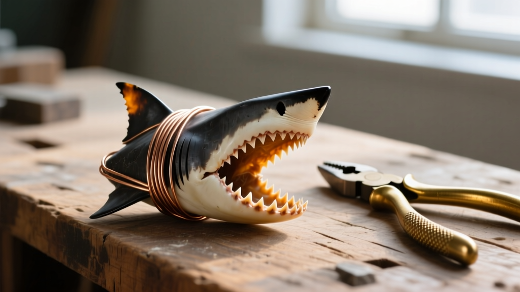 Close-up of a fossilized Megalodon shark tooth wrapped in 20-gauge copper wire, resting on a rustic wooden workbench with pliers.