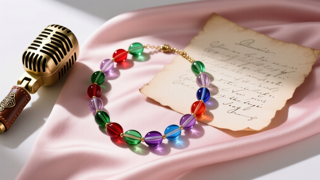 Flat lay of a Murano glass candy bead necklace on pastel pink silk next to a vintage microphone and a handwritten lyric sheet