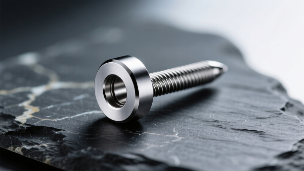 Macro shot of an ASTM F136 implant-grade titanium threaded flat back labret stud with brushed finish on a dark slate stone.