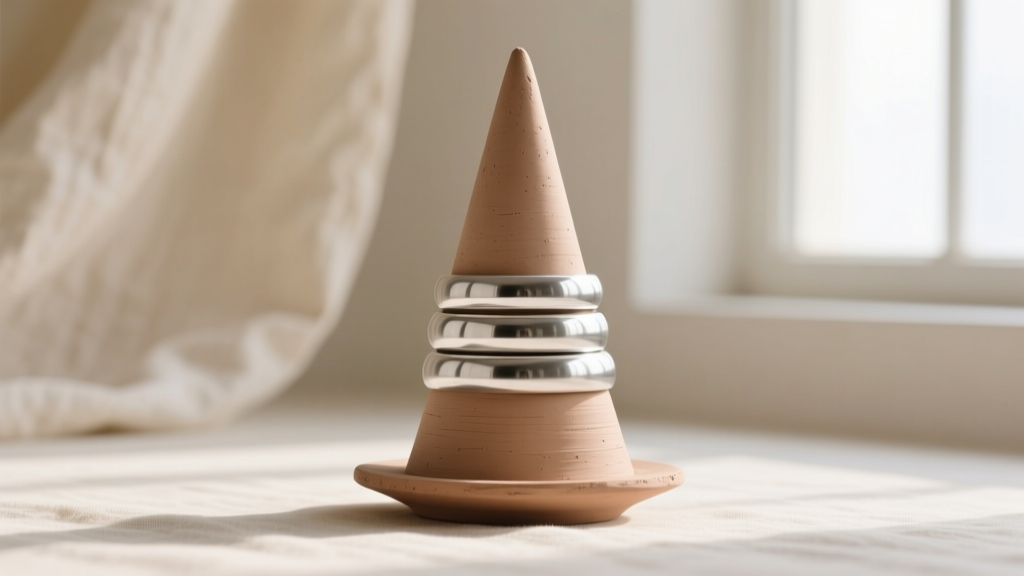 Slender air dry clay ring cone with a wide weighted base, displaying three stacked silver bands against a soft linen backdrop.