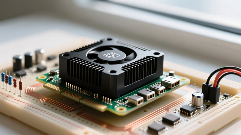 Close-up of a Raspberry Pi 5 single-board computer with black aluminum active cooler and GPIO pins exposed next to a robotics breadboard
