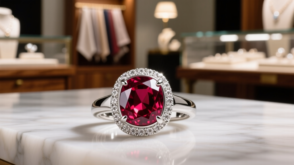 Close-up of a platinum bezel-set ruby anniversary ring being inspected with a jeweler's loupe, highlighting the secure metal rim