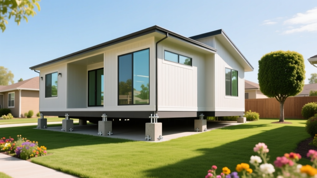 Manufactured home anchored to a concrete pier foundation with metal tie-downs and vinyl skirting in a sunny residential lot