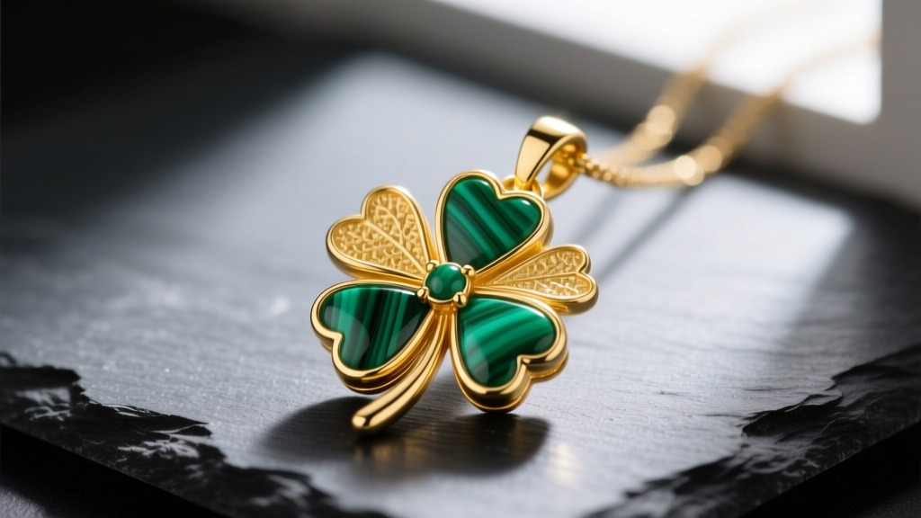 Macro photography of an 18k yellow gold four-leaf clover pendant with bezel-set malachite inlay resting on dark slate