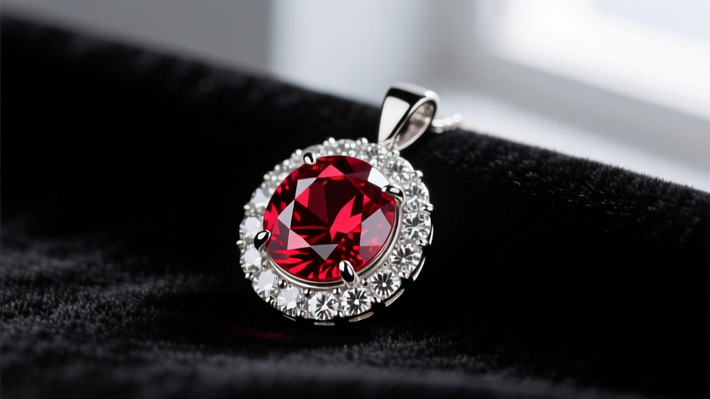 Macro shot of a vivid red ruby and brilliant-cut diamonds in a polished platinum pendant resting on dark velvet fabric.