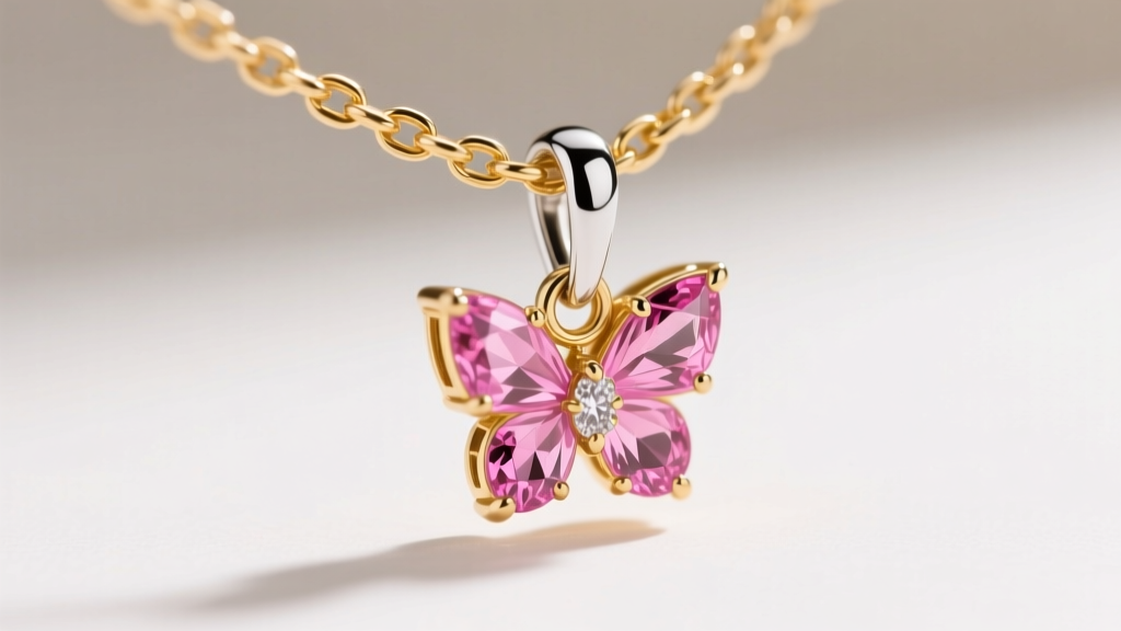 Close-up of a 1.2mm gold wheat chain through a pink sapphire butterfly pendant bail, secured by a small lobster claw clasp.