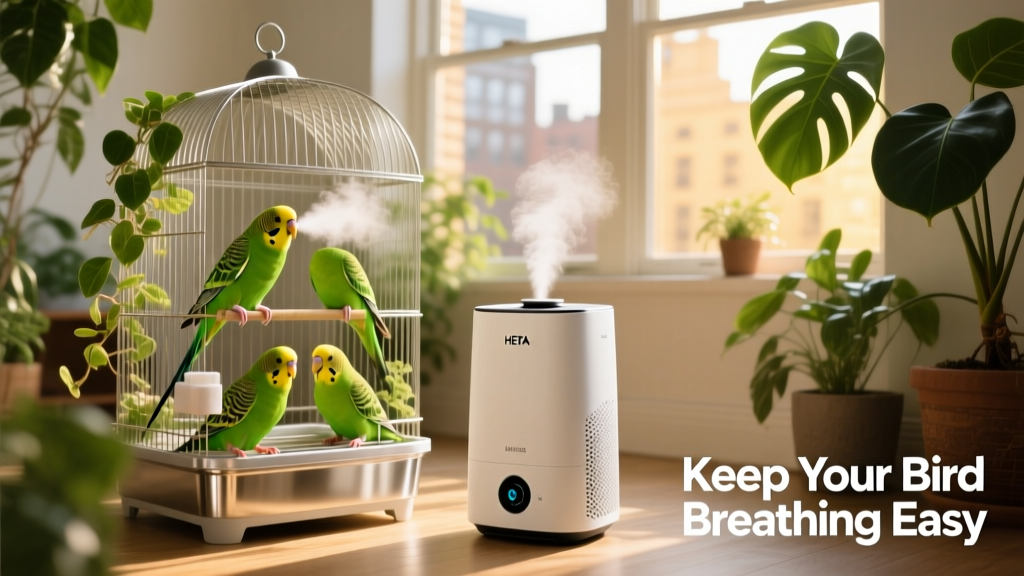 A sleek, modern HEPA air purifier and humidifier placed beside a spacious, plant-adorned bird cage