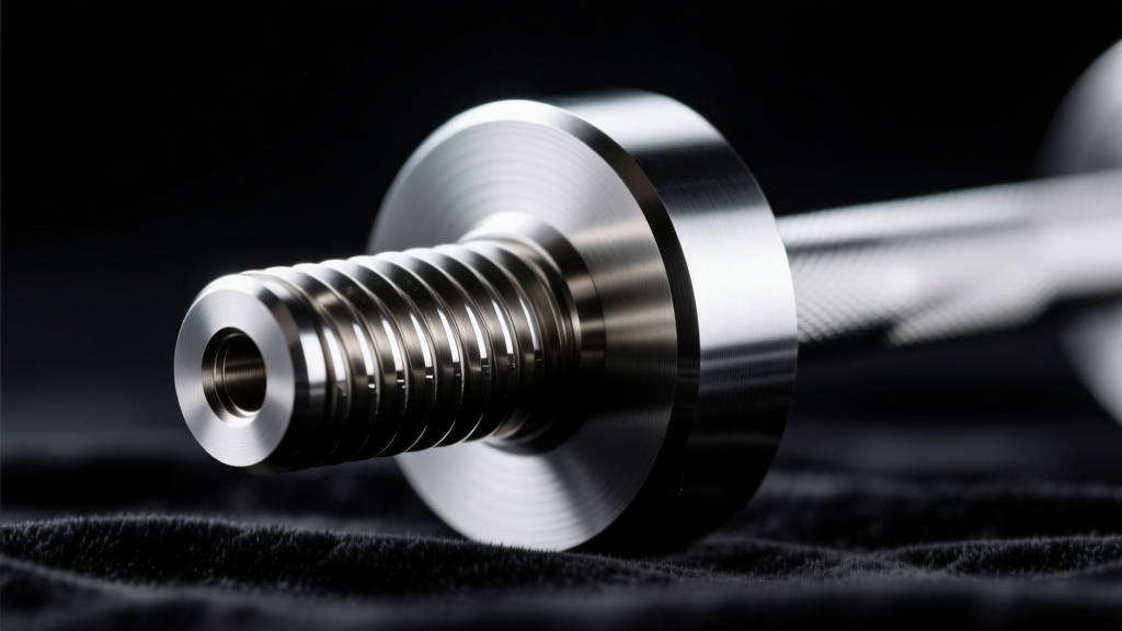 Macro view of a threaded titanium barbell end, revealing precision machined threads and a polished mirror finish on dark velvet