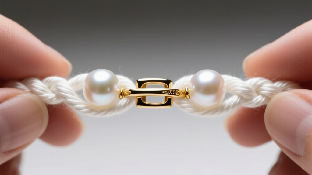 Macro shot of hand-knotted white silk thread between two 8mm cultured pearls, showing precise spacing and a 14k gold clasp.