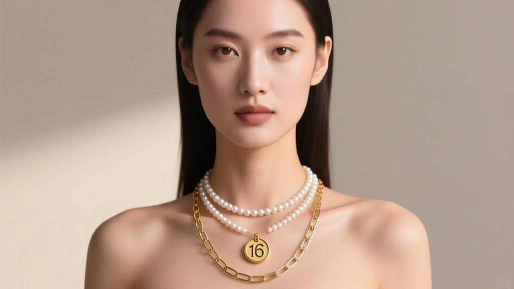 Woman wearing layered necklaces featuring a 16-inch initial disc, an 18-inch pearl strand, and a 20-inch gold paperclip chain