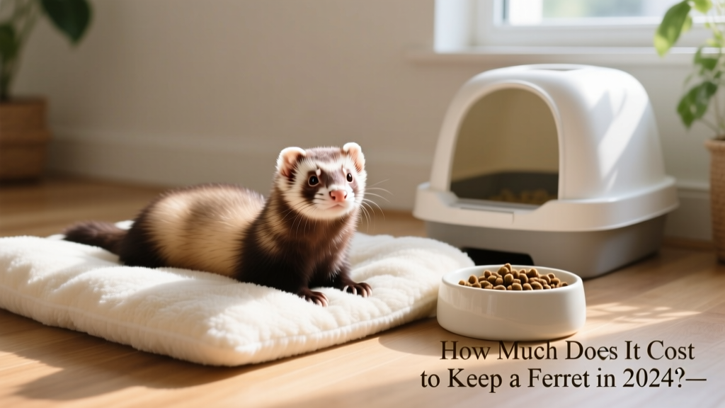 A senior ferret resting comfortably on soft fleece bedding beside a clean litter box and fresh food dish