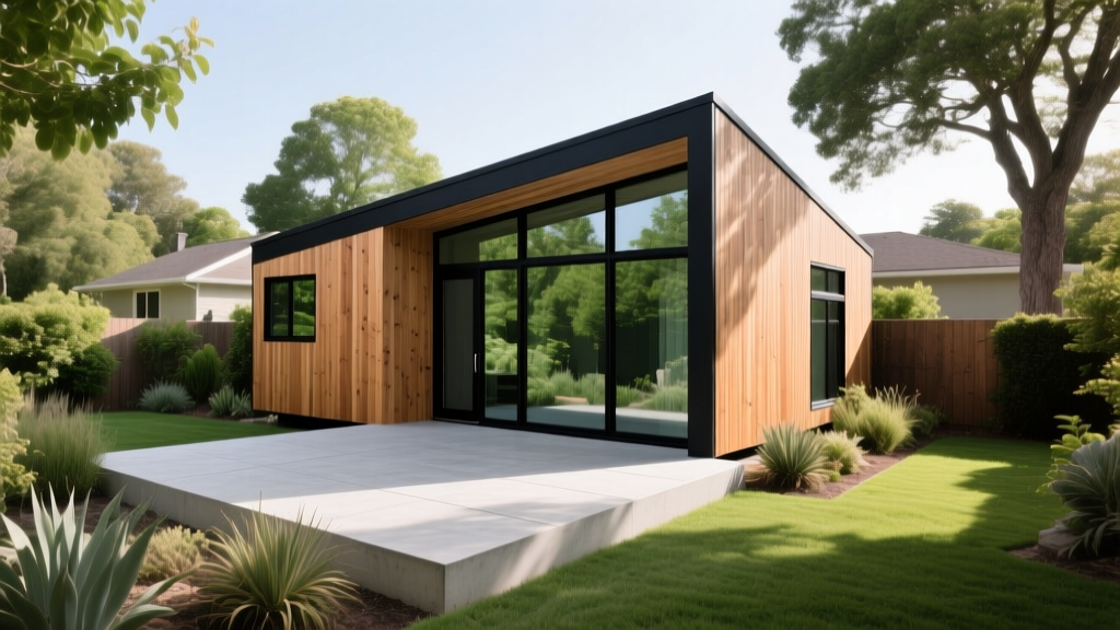 Modern detached accessory dwelling unit with cedar siding, large black-framed windows, and a concrete patio situated in a lush suburban backyard
