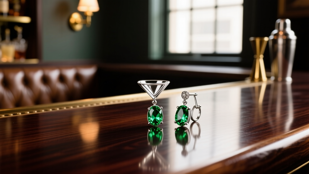 Sterling silver martini olive earrings with vibrant green peridot gemstones resting on a dark mahogany speakeasy bar surface