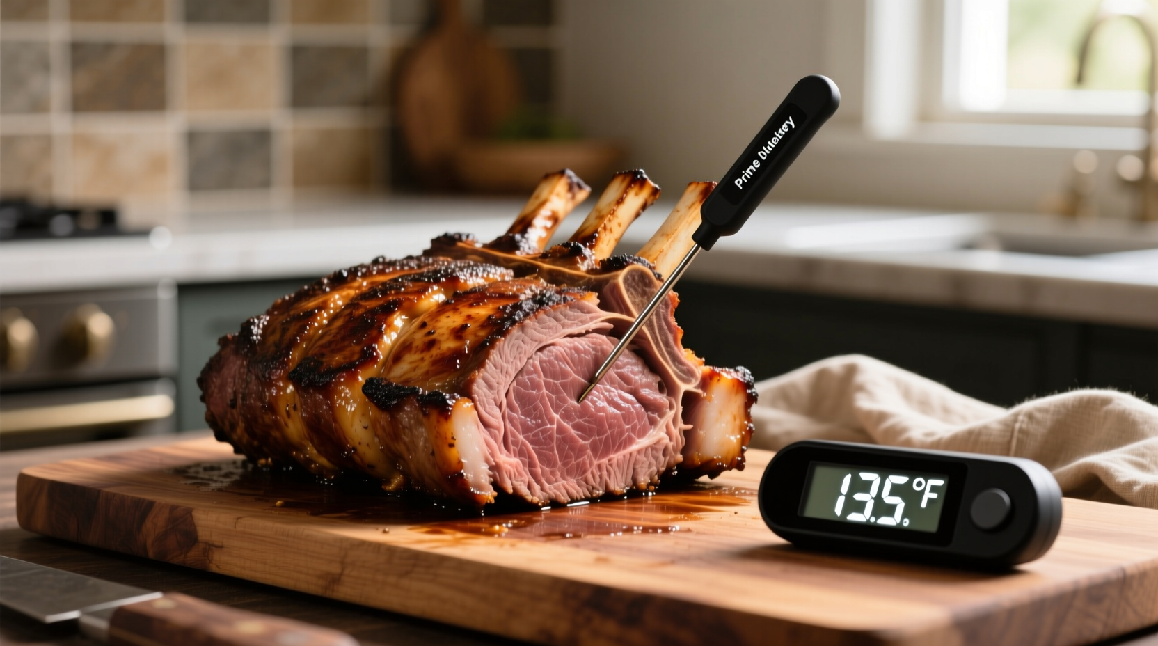 Perfectly cooked prime rib with thermometer reading