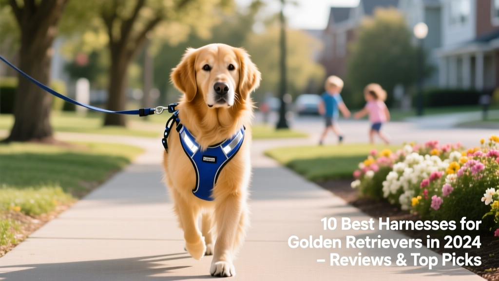 Golden Retriever wearing a well-fitted, reflective no-pull harness during a sunny walk